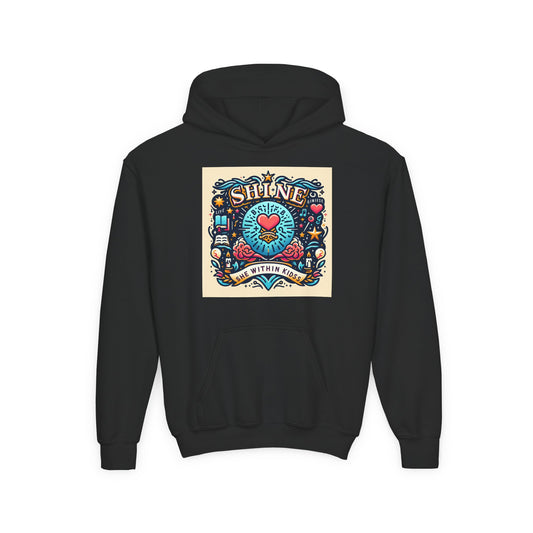 A Youth Heavy Blend Hooded Sweatshirt featuring a golden check design for manifestation. Hooded Sweatshirt -
