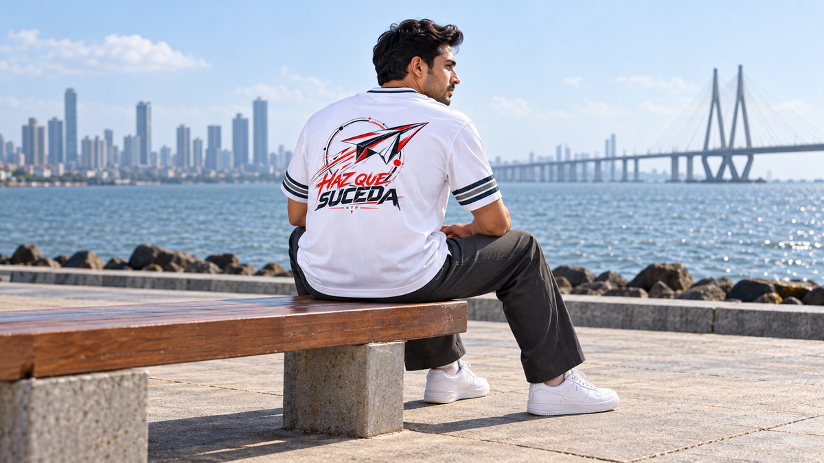 Unisex Boxy Striped Soccer Jersey — White campaign on model, full body