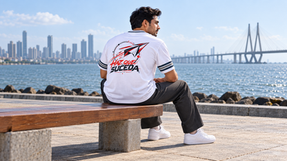 Unisex Boxy Striped Soccer Jersey — White campaign on model, full body