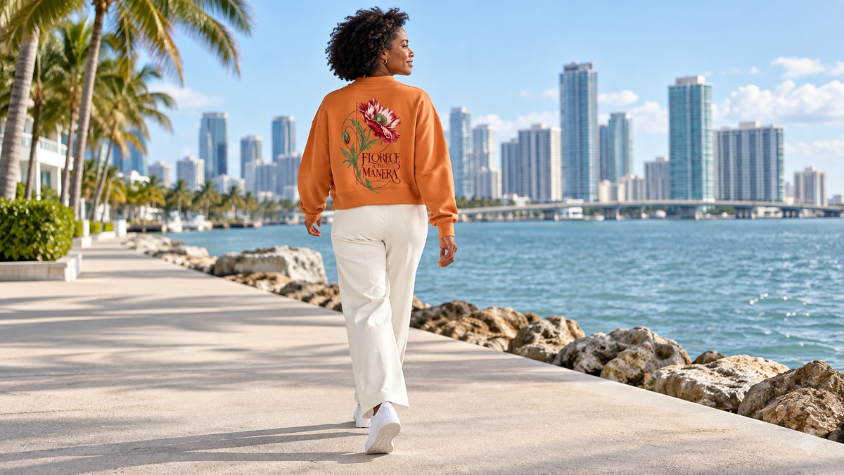 Essential Fleece Mock-Neck Crew Sweatshirt — Orange campaign on model, full body