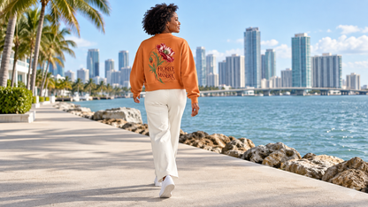 Essential Fleece Mock-Neck Crew Sweatshirt — Orange campaign on model, full body