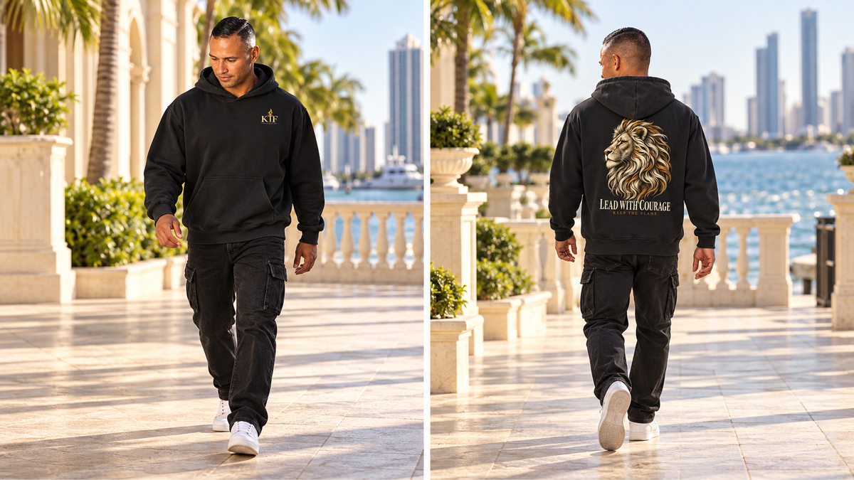 KTF Lead With Courage black hoodie — front and back on model, full body