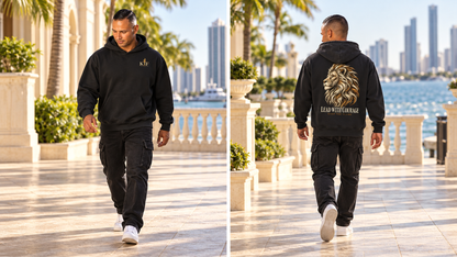 KTF Lead With Courage black hoodie — front and back on model, full body