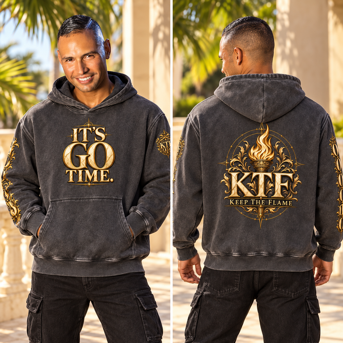 KTF™ IT’S GO TIME — Snow Wash Oversized Fleece Hoodie — styled front and back views on Walter Sebastián Silva