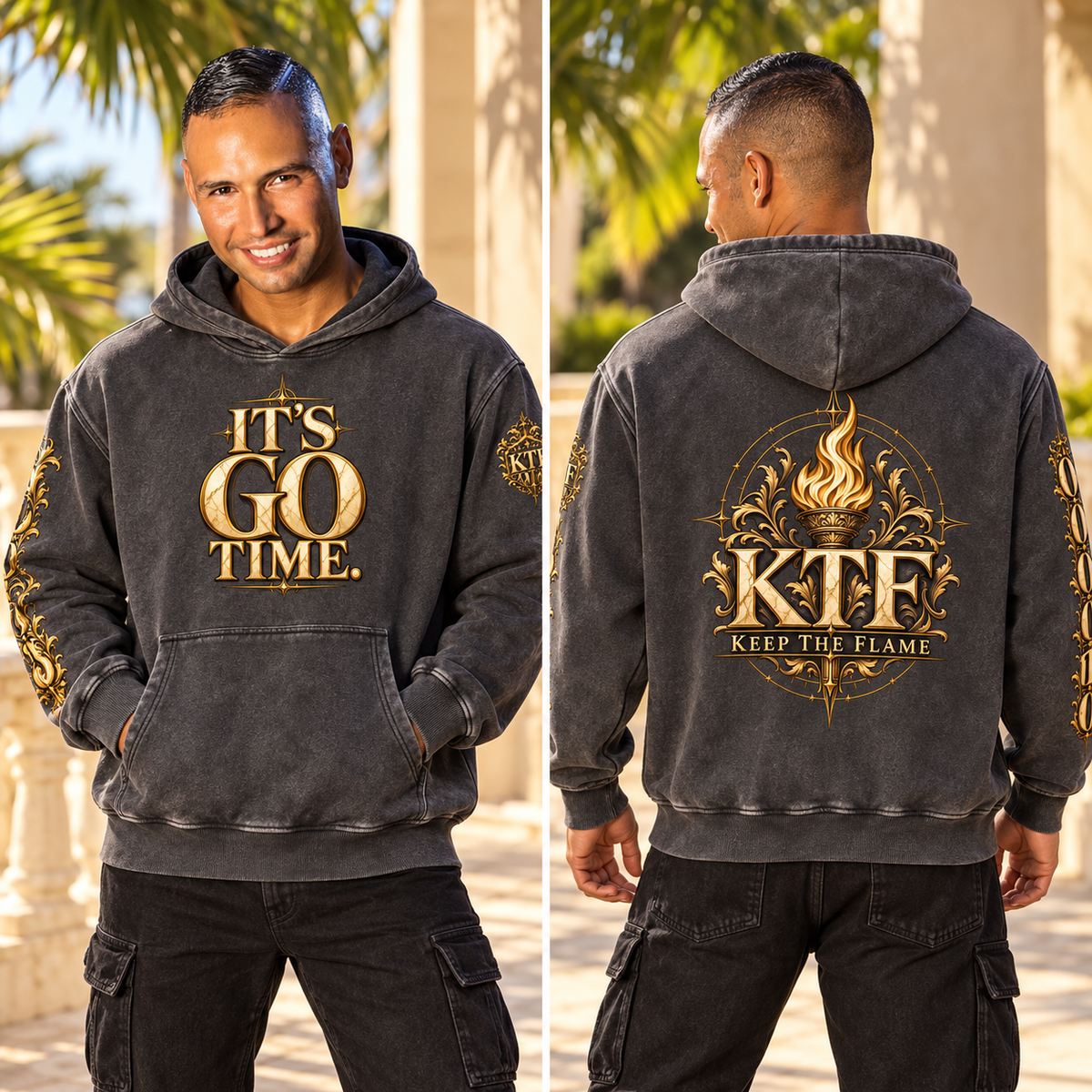 KTF™ IT’S GO TIME — Snow Wash Oversized Fleece Hoodie — styled front and back views on Walter Sebastián Silva