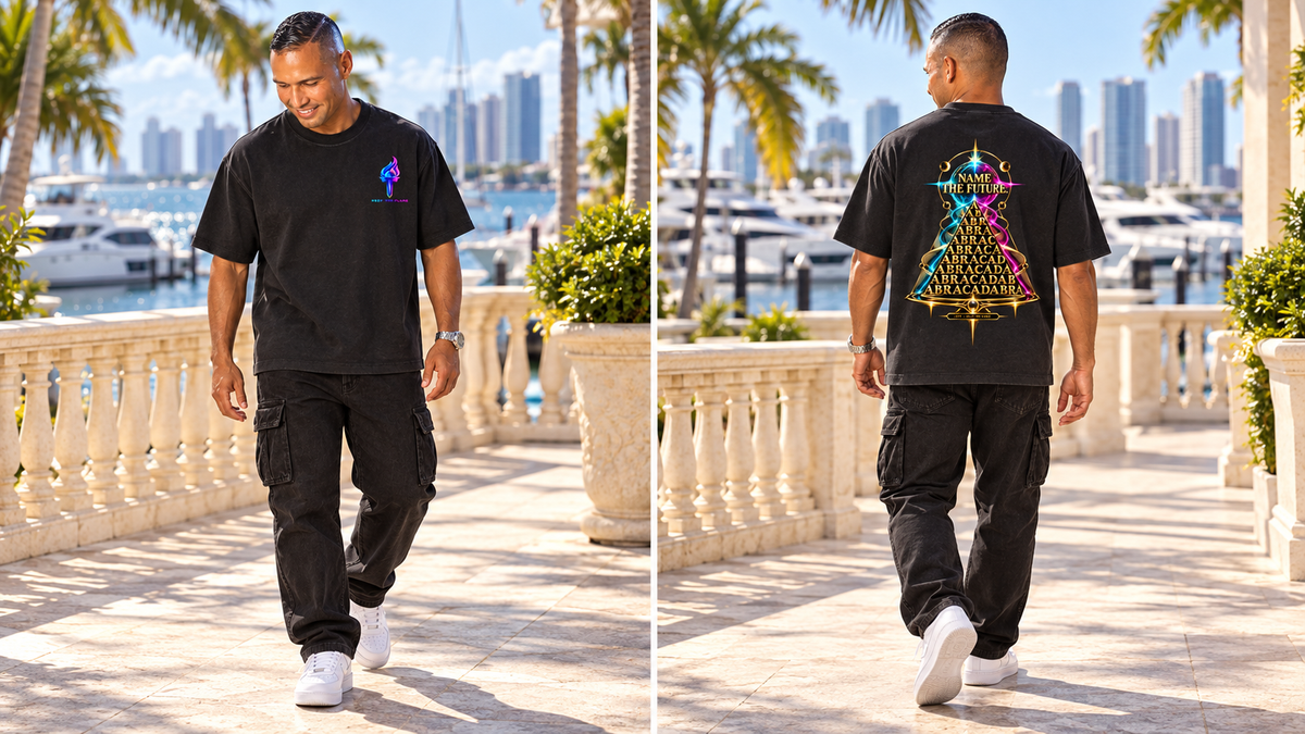 KTF Heavyweight Drop-Shoulder Cotton Tee — front and back on model, full body