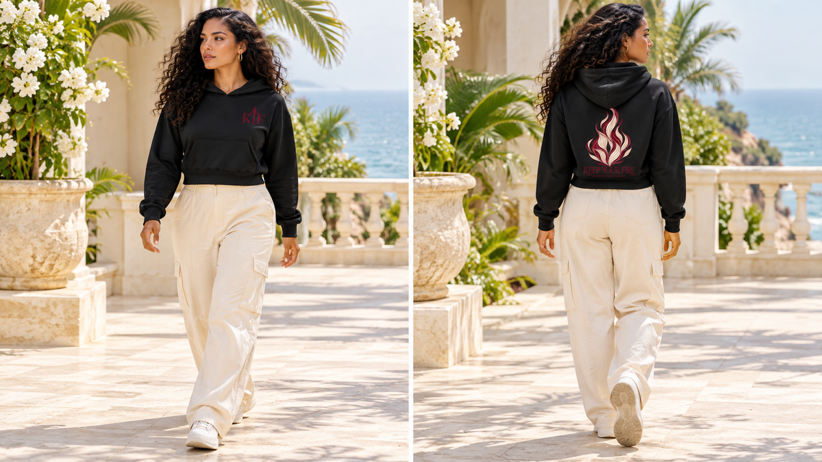 KTF Inner Fire — Women’s Cropped Hoodie — front and back on model, full body
