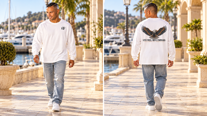 KTF Freedom — Men’s Oversized Long Sleeve Tee — front and back on model, full body