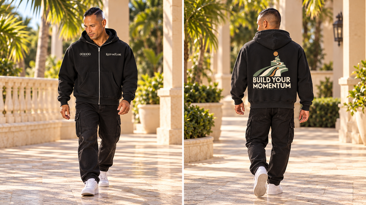 KTF Momentum — Men’s Boxy Full-Zip Hoodie — front and back on model, full body