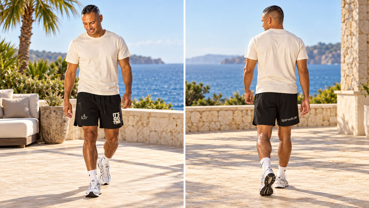 KTF Go Time — Men’s Athletic Shorts — front and back on model, full body