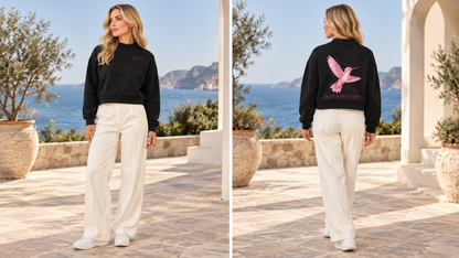 KTF Limitless — Women’s Mock Neck Sweatshirt — front and back on model, full body