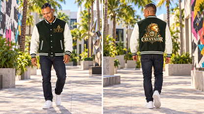 Two-Tone Fleeced Varsity Jacket — front and back on model, full body