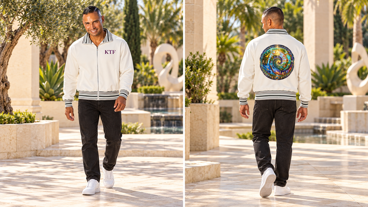 Striped Rib Collar Zip Jacket — front and back on model, full body