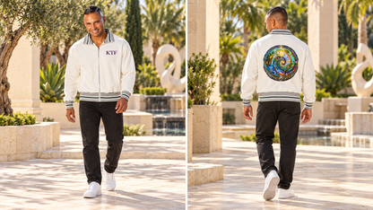 Striped Rib Collar Zip Jacket — front and back on model, full body