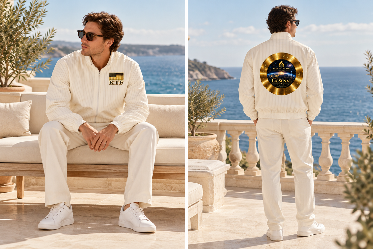 Unisex Striped Full-Zip Track Jacket — front and back on model, full body
