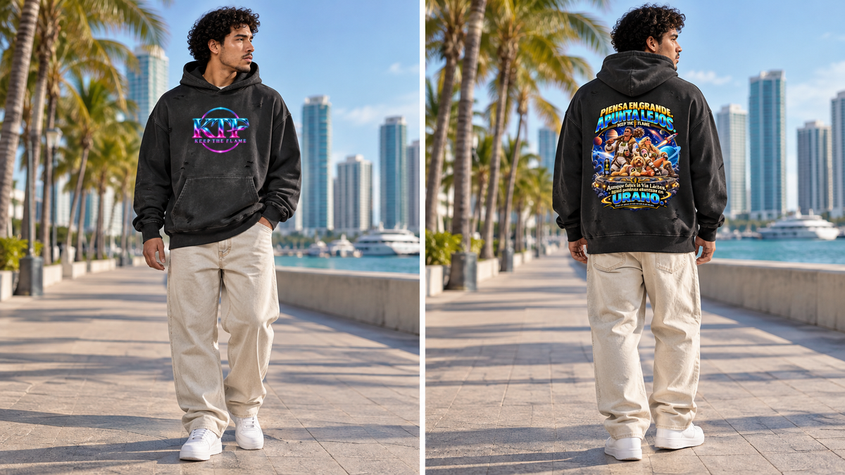 Unisex Sunfade Frayed Fleece Hoodie — front and back on model, full body