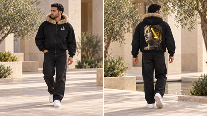 Sun Fade Boxy Detachable Fur Hoodie — front and back on model, full body