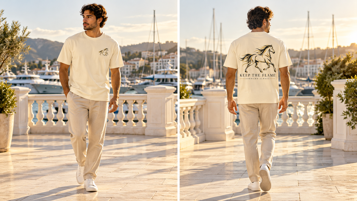Forward Always — KTF Unisex Cotton T-Shirt — front and back on model, full body