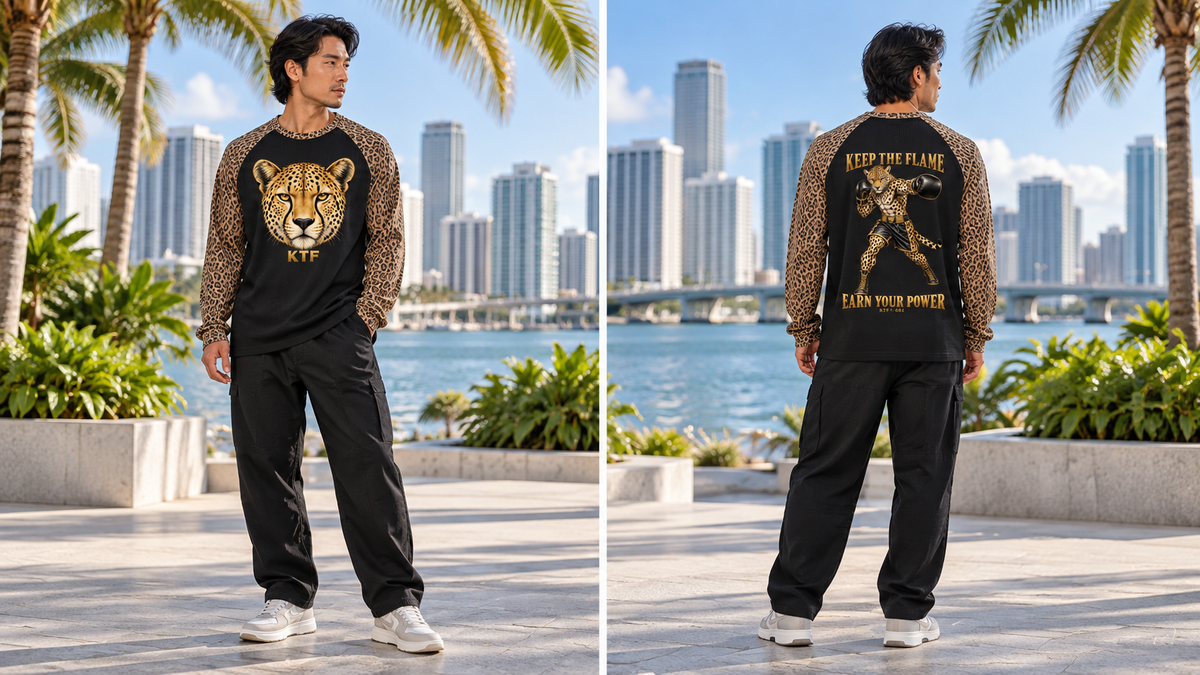 Unisex Leopard Panel Waffle T-Shirt — front and back on model, full body