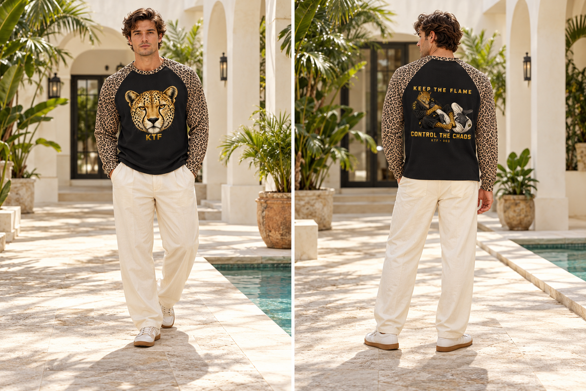 Unisex Leopard Panel Waffle T-Shirt — front and back on model, full body