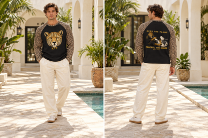 Unisex Leopard Panel Waffle T-Shirt — front and back on model, full body