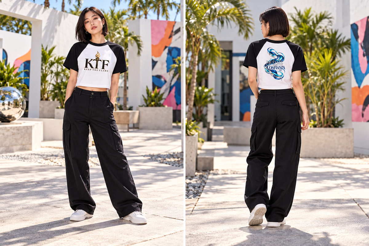 Women’s Color Block Raglan Crop T-Shirt — front and back on model, full body