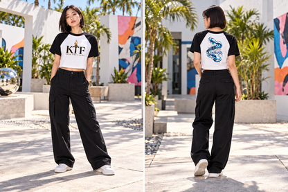 Women’s Color Block Raglan Crop T-Shirt — front and back on model, full body