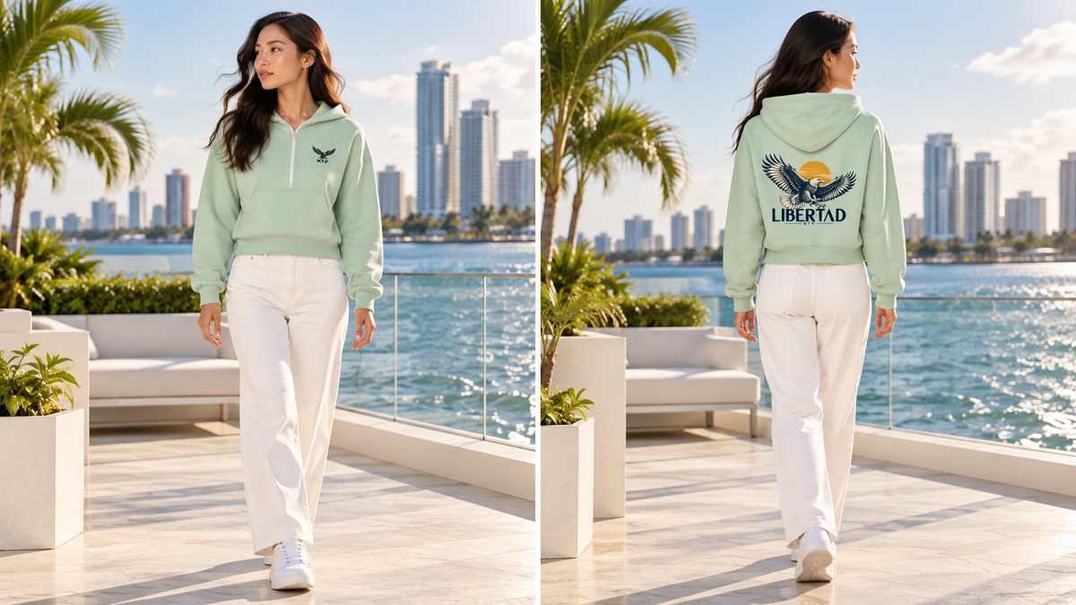 Cropped Half-Zip Hoodie — front and back on model, full body