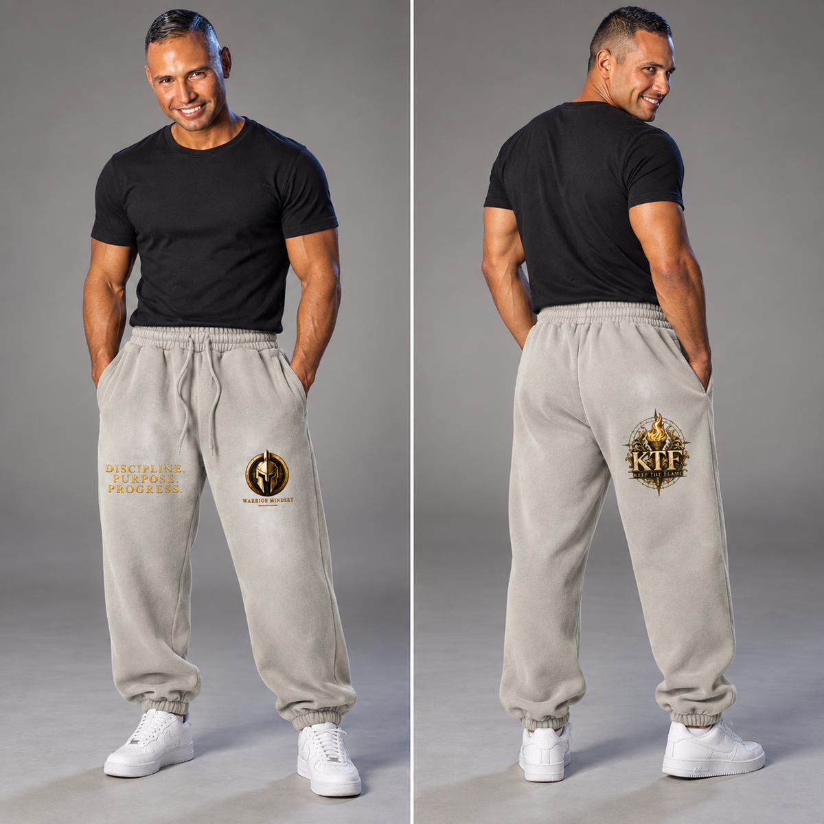 KTF Vintage-Washed Fleece Joggers — styled front and back model views