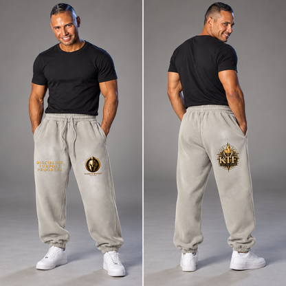 KTF Vintage-Washed Fleece Joggers — styled front and back model views