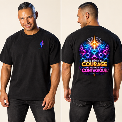 KTF Courage Contagious Heavyweight Tee — styled front and back views on Walter Sebastián Silva