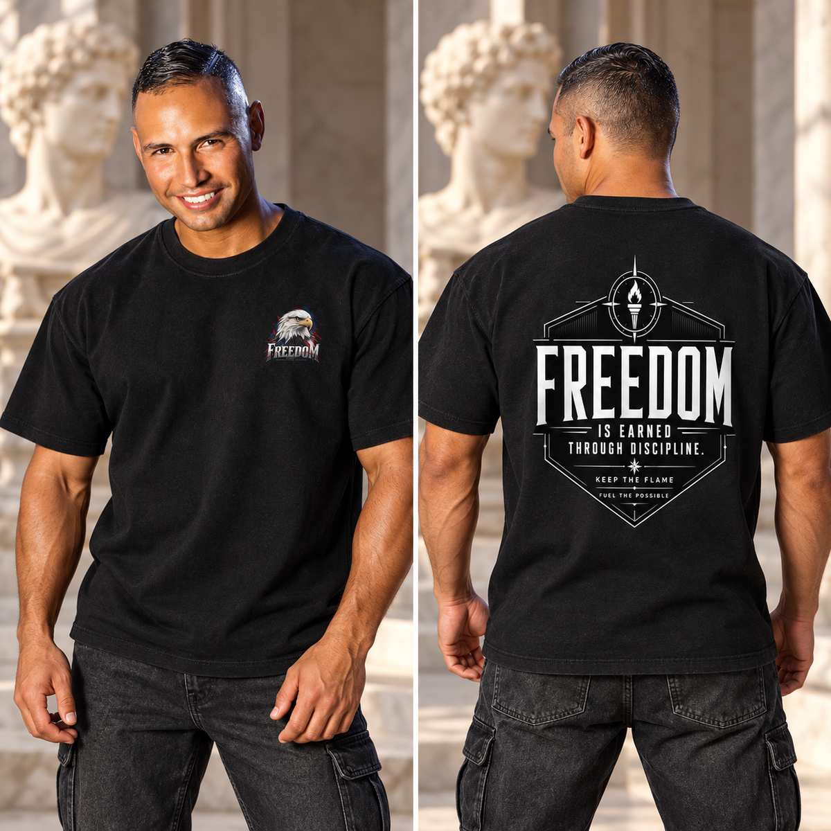 KTF Freedom Through Discipline Heavyweight Tee — styled front and back views on Walter Sebastián Silva