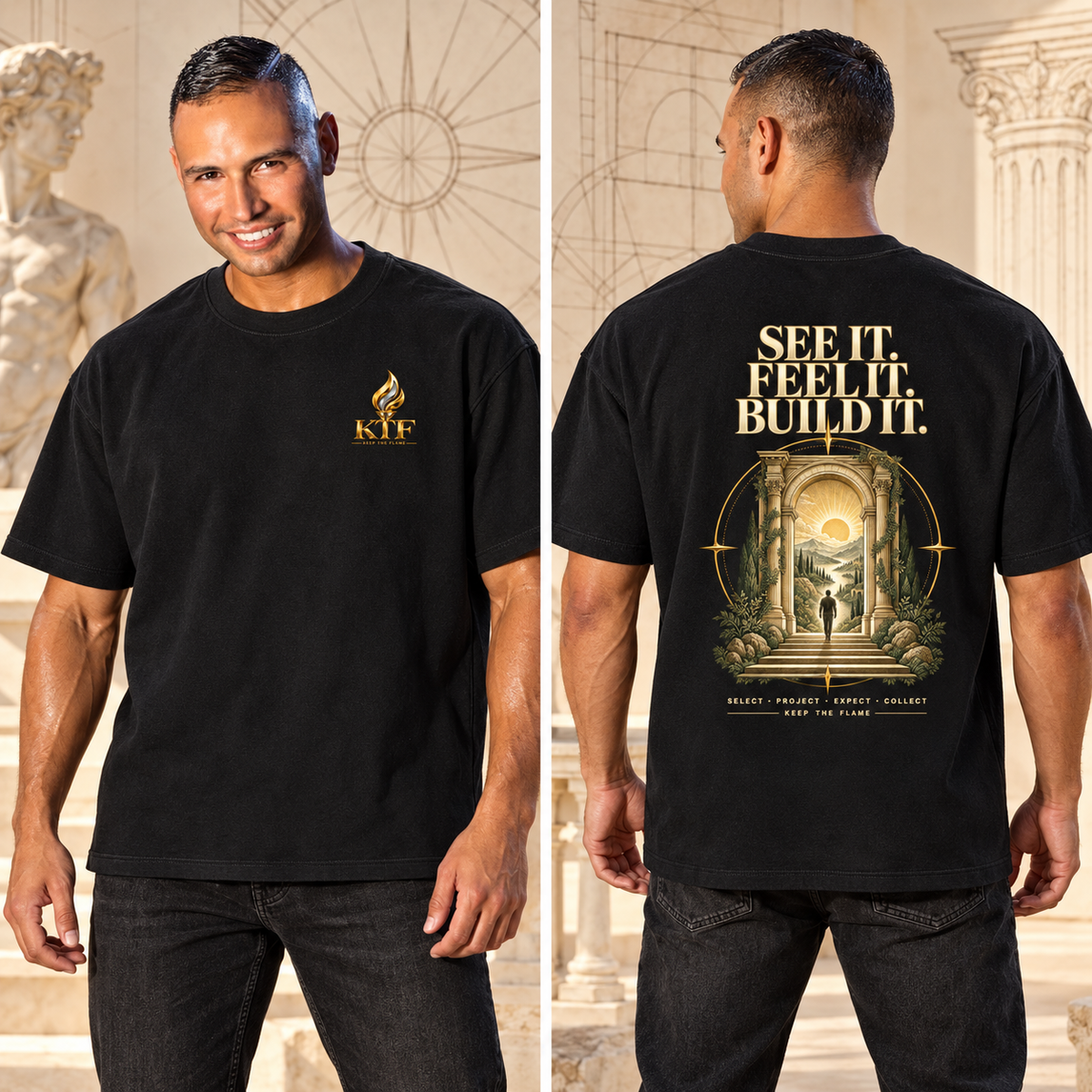 KTF See It Feel It Build It Heavyweight Tee — styled front and back views on Walter Sebastián Silva