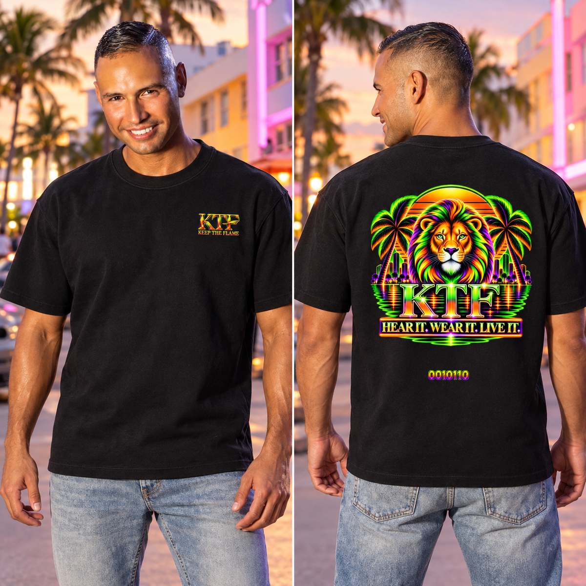 KTF Neon Lion 0010110 Heavyweight Tee — styled front and back views on Walter Sebastián Silva