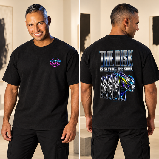 KTF The Risk Is Staying The Same Heavyweight Tee — styled front and back views