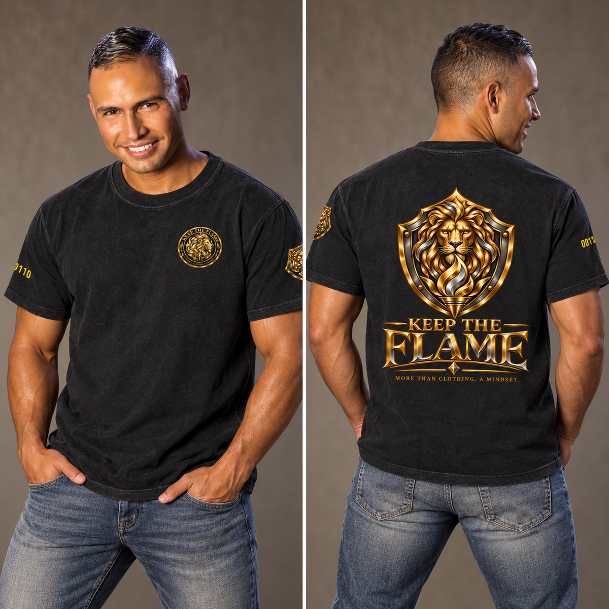 KTF Lion Crest Enzyme-Washed Tee — Founder’s Gold — styled front and back views on Walter Sebastián Silva