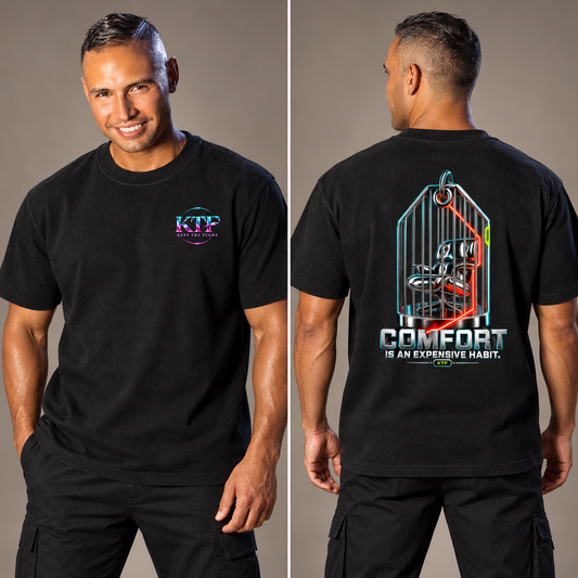 KTF Comfort Is An Expensive Habit Heavyweight Tee — styled front and back views