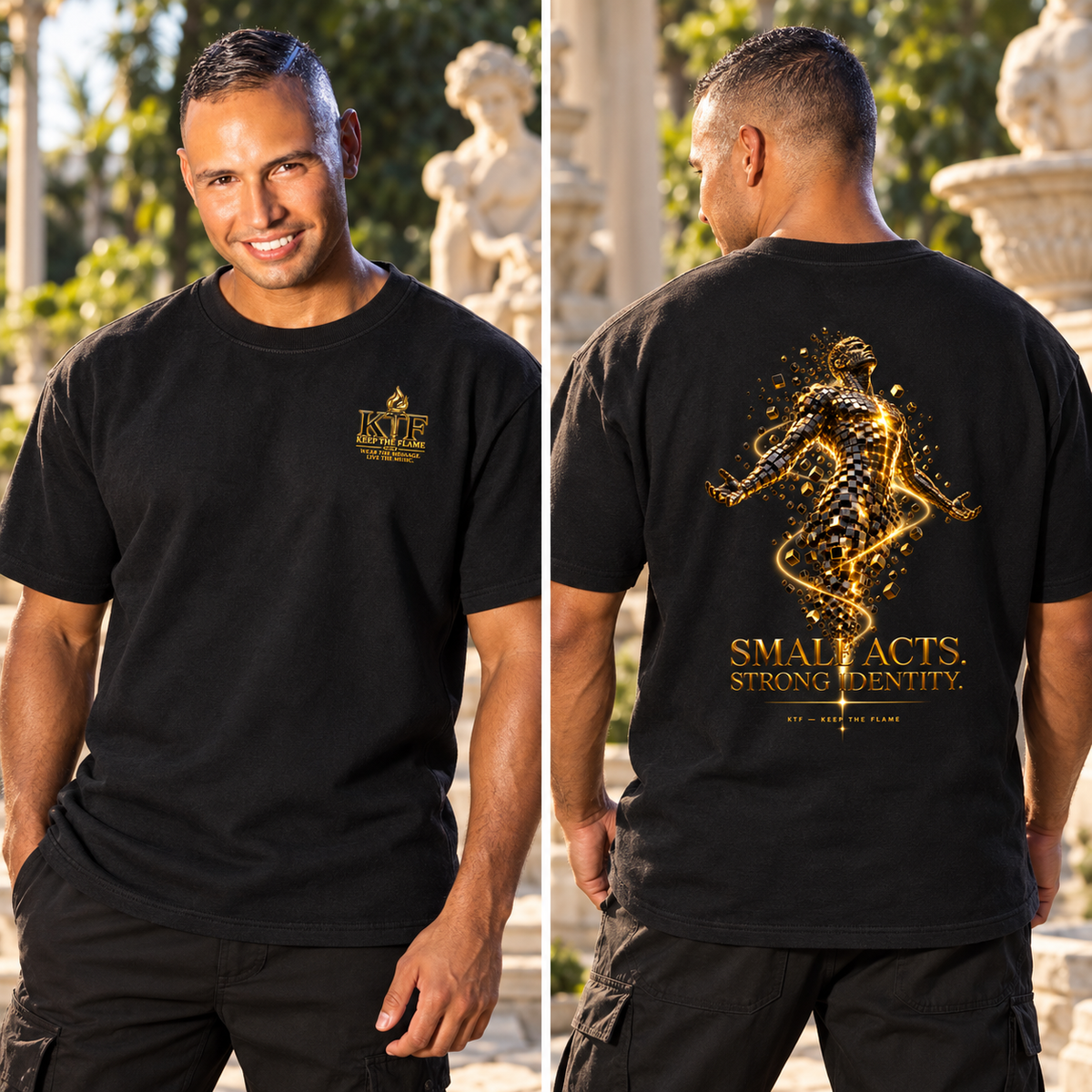 KTF Small Acts Strong Identity Heavyweight Tee — styled front and back views