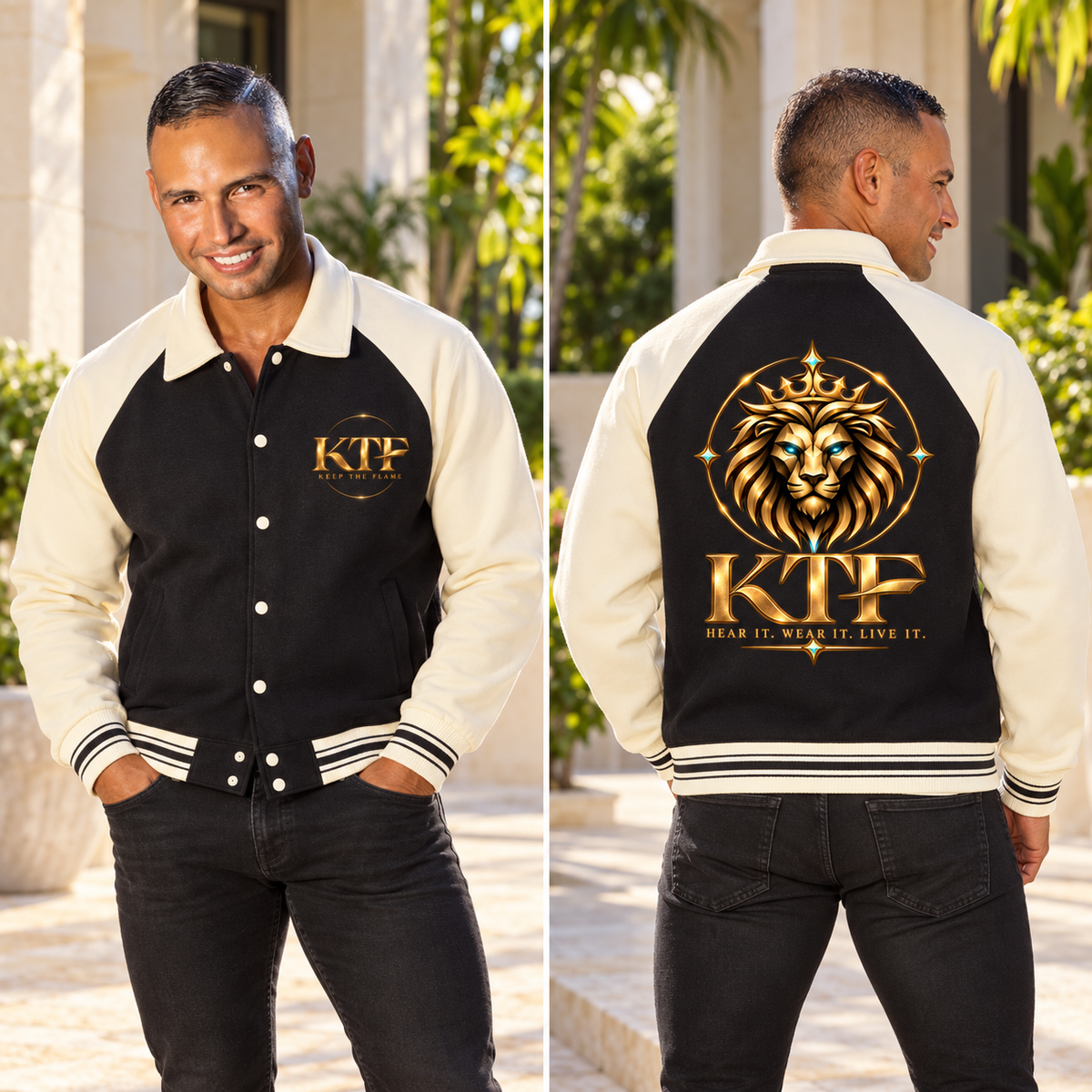 KTF Founder’s Varsity Jacket — Black & Gold — styled front and back views on Walter Sebastián Silva