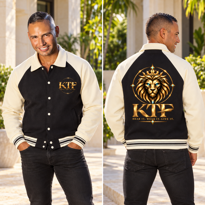 KTF Founder’s Varsity Jacket — Black & Gold — styled front and back views on Walter Sebastián Silva