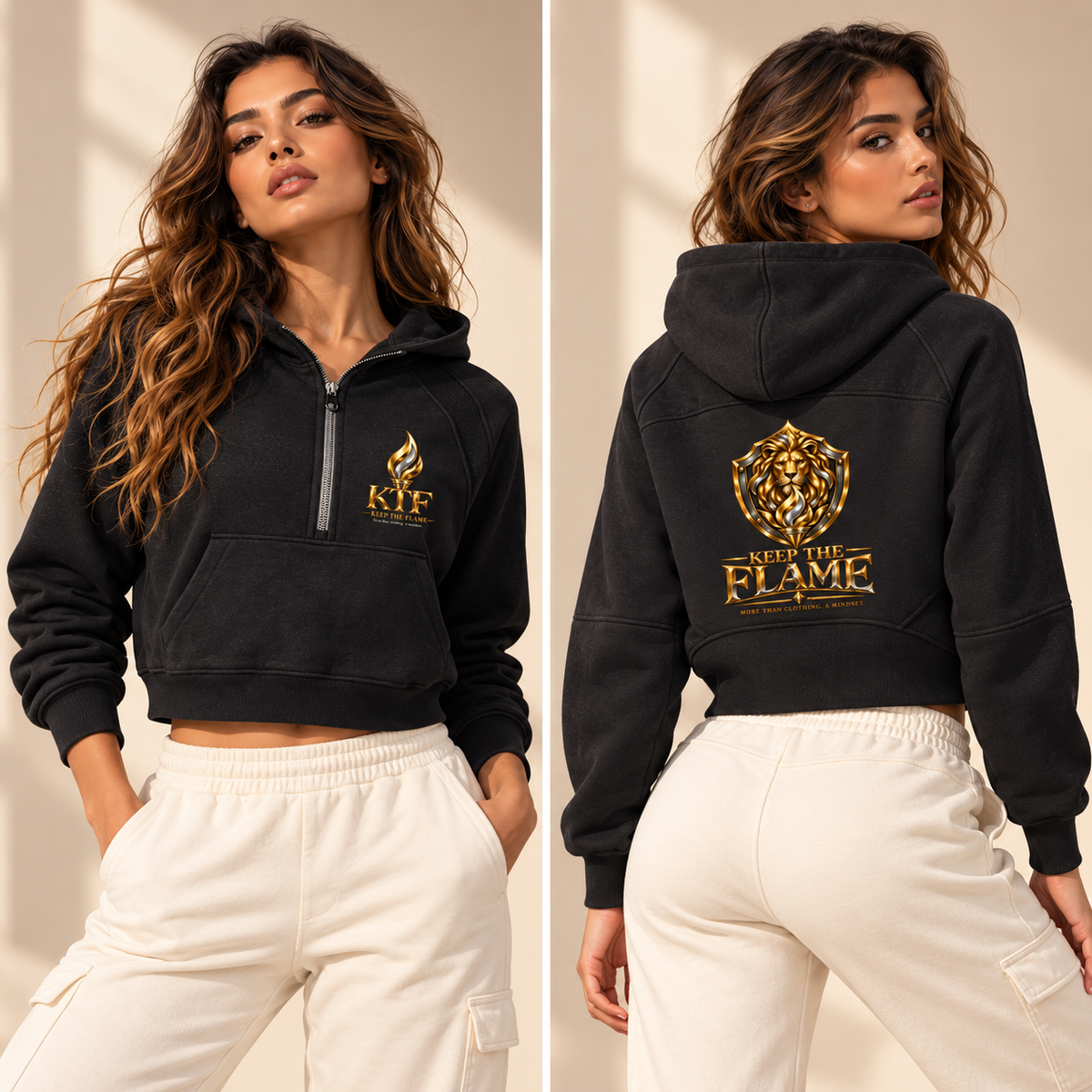 KTF Flame Crest Cropped Half-Zip Hoodie — styled front and back views
